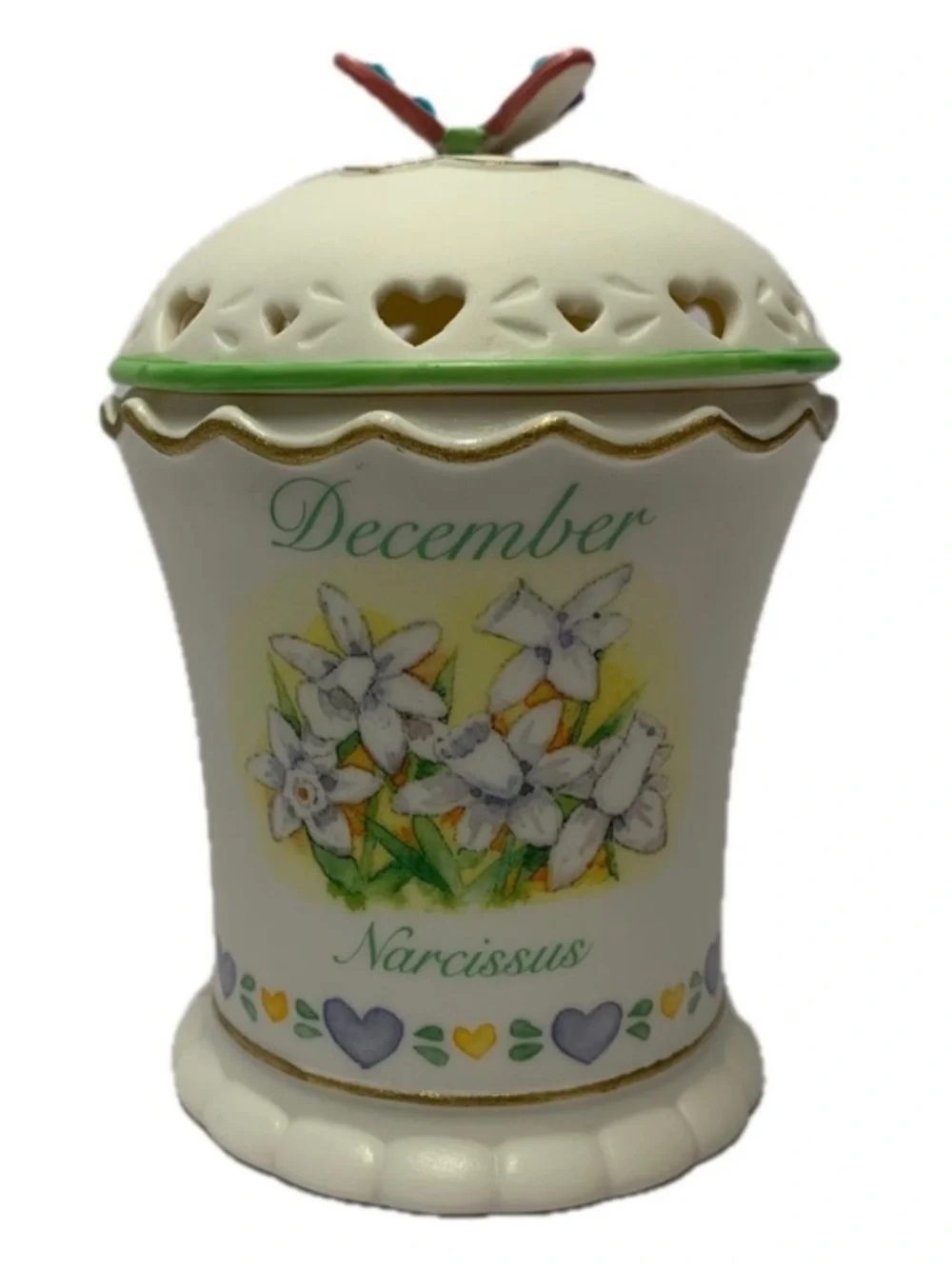 Vintage Avon December Narcissus Birth Flower Ceramic Candle Jar Butterfly Lid